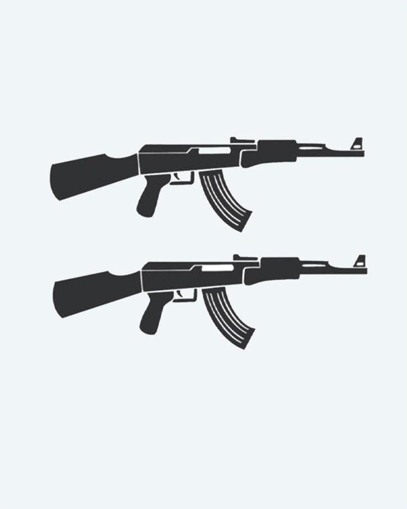 Assault Rifle Duo semi-permanent tattoo design by INKON – sheet, silhouette, assault, rifles, ribcage illustration, 3 x 4 in (6x11cm), available at inkon.co