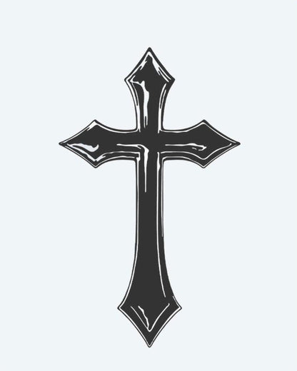 Gothic Cross semi-permanent tattoo design by INKON – gothic, cross, pointed, flared, ends illustration, 3 x 4 in (7x10cm), available at inkon.co