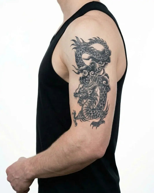 INKON Traditional Dragon semi-permanent tattoo applied on a man – 4 x 8 in (11x21cm) design, realistic ink look, lasts 10 days