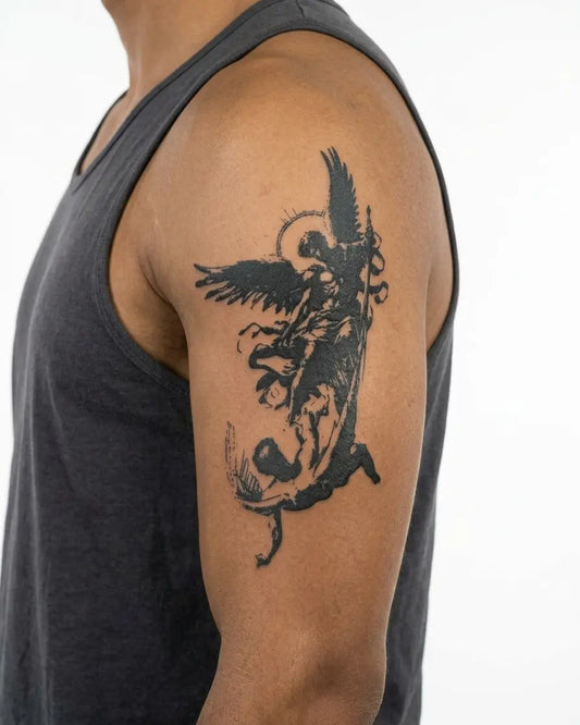 INKON Fallen Angel Battle semi-permanent tattoo applied on a man – 4 x 8 in (11x21cm) design, realistic ink look, lasts 10 days