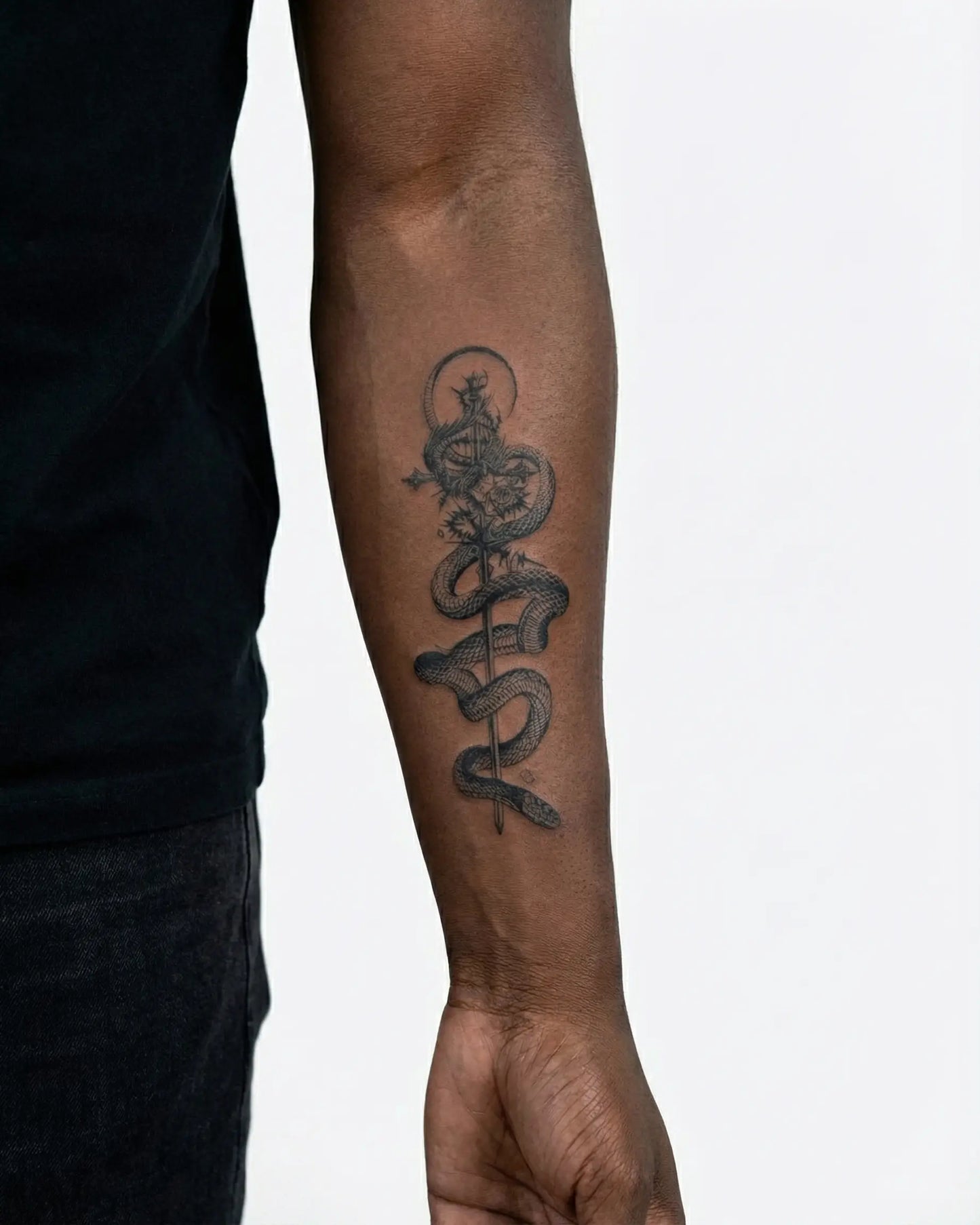 INKON Serpent & Sword semi-permanent tattoo applied on a man – 4 x 7 in (10x17cm) design, realistic ink look, lasts 10 days