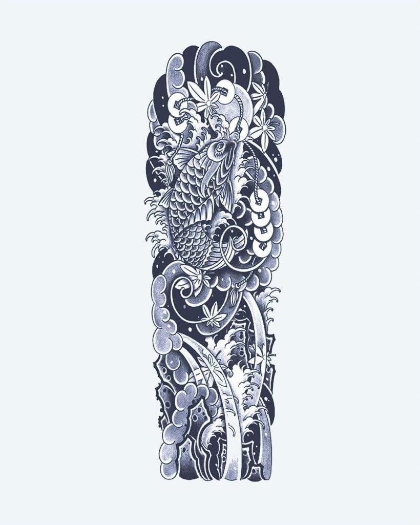 Koi Fish & Waves Sleeve semi-permanent tattoo design by INKON – japanese, irezumi, full, sleeve, fish illustration, 8 x 20 in (20x50cm), available at inkon.co
