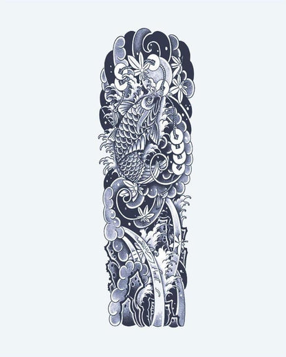 Koi Fish & Waves Sleeve semi-permanent tattoo design by INKON – japanese, irezumi, full, sleeve, fish illustration, 8 x 20 in (20x50cm), available at inkon.co