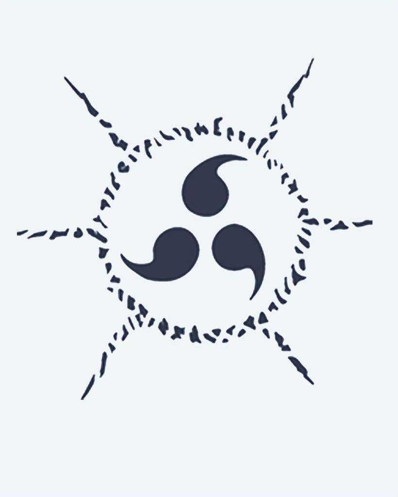 Cursed Seal Tomoe semi-permanent tattoo design by INKON – three, tomoe, seal, surrounded, jagged illustration, 2 x 2 in (5x5cm), available at inkon.co