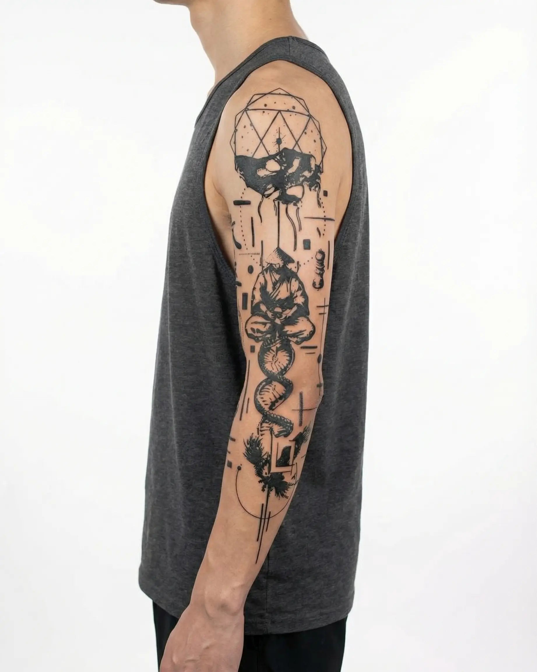 INKON Japanese Dragon & Kanji semi-permanent tattoo applied on a man – 8 x 20 in (20x50cm) design, realistic ink look, lasts 10 days