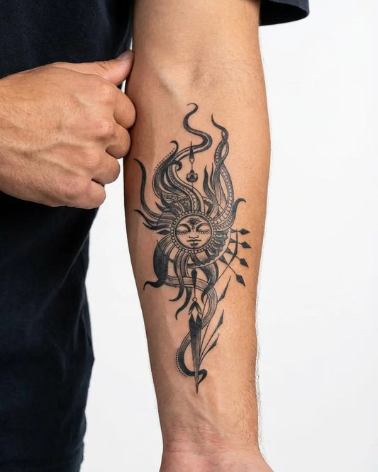 INKON Celestial Sun Face semi-permanent tattoo applied on a man – 4 x 7 in (10x17cm) design, realistic ink look, lasts 10 days