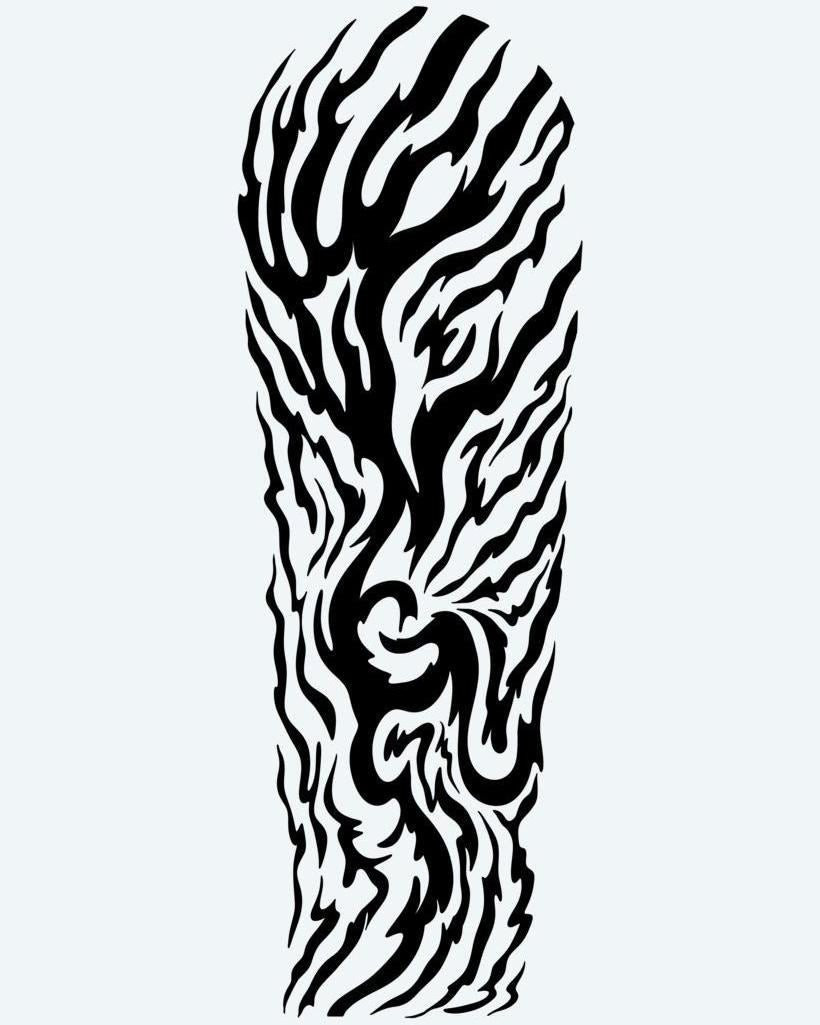 Tribal Flame Sleeve semi-permanent tattoo design by INKON – intense, tribal, flame, organic, fire illustration, 8 x 20 in (20x50cm), available at inkon.co