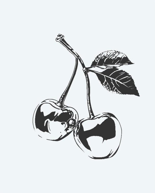 Cherries semi-permanent tattoo design by INKON – pair, ripe, cherries, stem, leaf illustration, 2 x 2 in (5x5cm), available at inkon.co