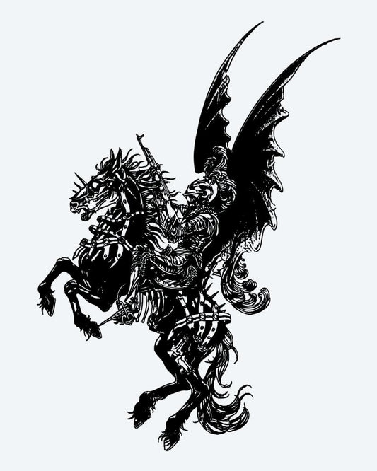 Dragon Rider semi-permanent tattoo design by INKON – warrior, riding, winged, dragon, silhouette illustration, 4 x 8 in (11x21cm), available at inkon.co