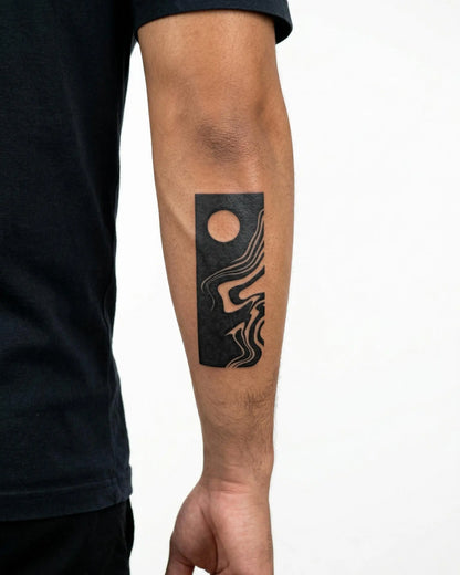 INKON Abstract Moon & Waves semi-permanent tattoo applied on a man – 3 x 4 in (6x11cm) design, realistic ink look, lasts 10 days