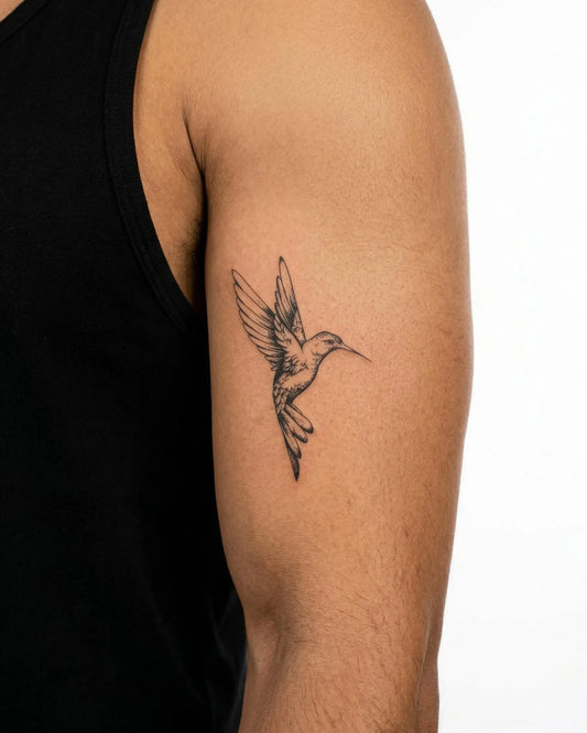 INKON Hummingbird semi-permanent tattoo applied on a man – 3 x 4 in (6x11cm) design, realistic ink look, lasts 10 days