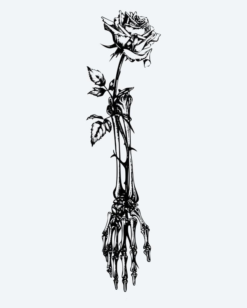 Skeleton Hand & Rose semi-permanent tattoo design by INKON – skeletal, holding, single, rose, thorny illustration, 8 x 20 in (20x50cm), available at inkon.co