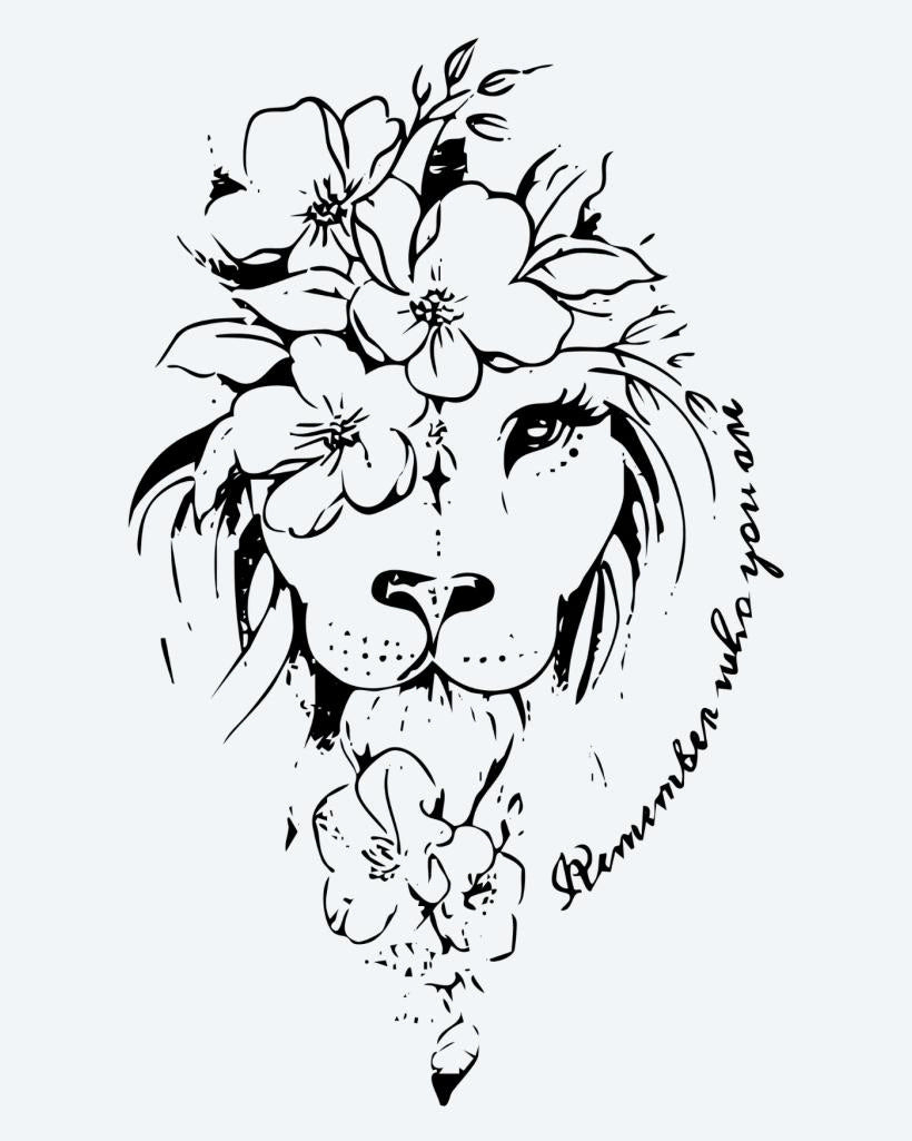 Floral Lion semi-permanent tattoo design by INKON – gentle, lion, face, adorned, crown illustration, 4 x 7 in (10x17cm), available at inkon.co