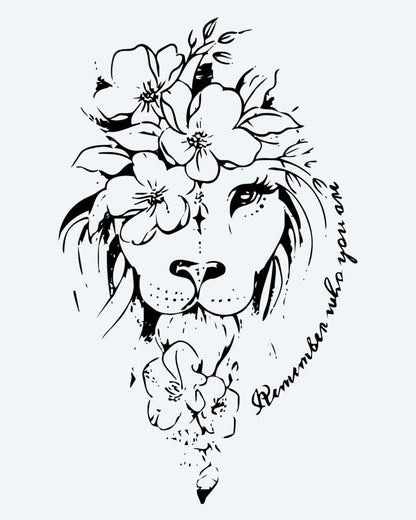Floral Lion semi-permanent tattoo design by INKON – gentle, lion, face, adorned, crown illustration, 4 x 7 in (10x17cm), available at inkon.co