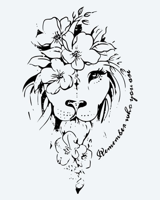 Floral Lion semi-permanent tattoo design by INKON – gentle, lion, face, adorned, crown illustration, 4 x 7 in (10x17cm), available at inkon.co