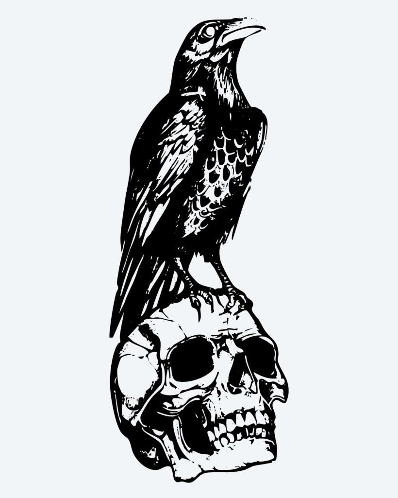 Raven on Skull semi-permanent tattoo design by INKON – dark, raven, perched, atop, human illustration, 4 x 7 in (10x17cm), available at inkon.co