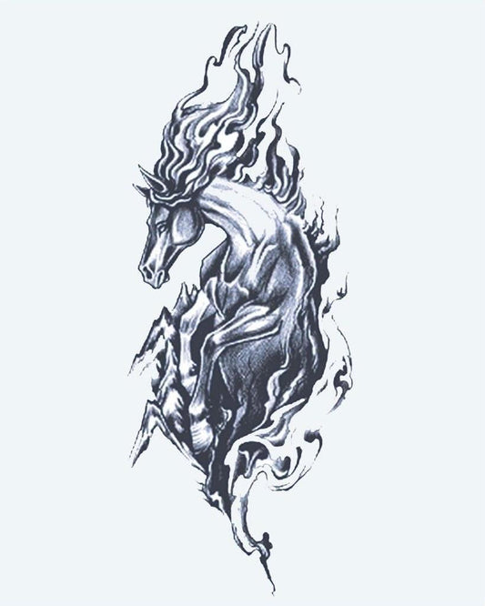 Wild Horse semi-permanent tattoo design by INKON – rearing, horse, flowing, mane, dramatic illustration, 4 x 7 in (10x17cm), available at inkon.co