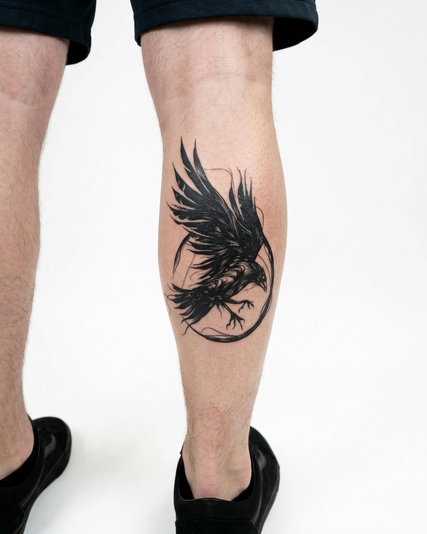 INKON Raven in Flight semi-permanent tattoo applied on a man – 4 x 7 in (10x17cm) design, realistic ink look, lasts 10 days