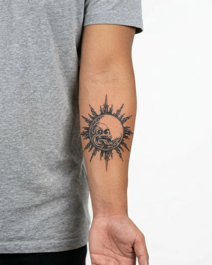 INKON Skull Sun & Moon semi-permanent tattoo applied on a man – 4 x 4 in (9x9cm) design, realistic ink look, lasts 10 days
