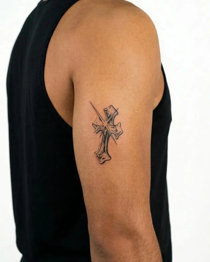 INKON Gothic Cross 2 semi-permanent tattoo applied on a man – 3 x 4 in (7x10cm) design, realistic ink look, lasts 10 days
