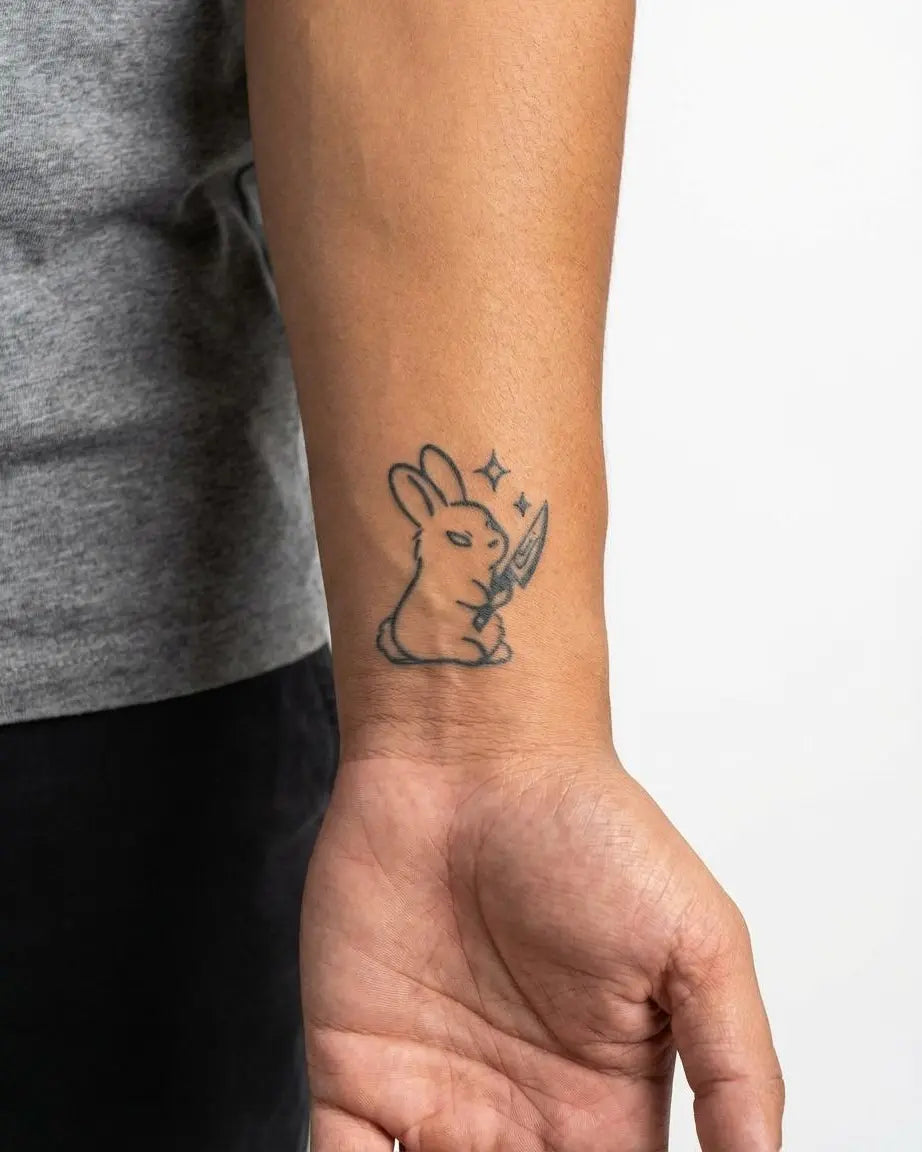 INKON Killer Bunny semi-permanent tattoo applied on a man – 2 x 2 in (5x5cm) design, realistic ink look, lasts 10 days