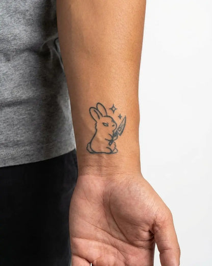 INKON Killer Bunny semi-permanent tattoo applied on a man – 2 x 2 in (5x5cm) design, realistic ink look, lasts 10 days