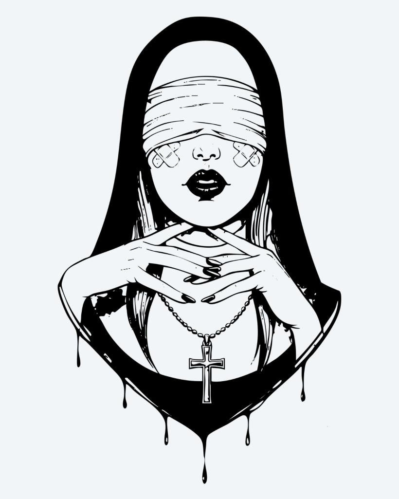 Blindfolded Nun semi-permanent tattoo design by INKON – mysterious, blindfolded, woman, veil, holding illustration, 4 x 7 in (10x17cm), available at inkon.co