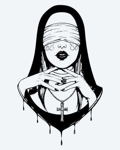 Blindfolded Nun semi-permanent tattoo design by INKON – mysterious, blindfolded, woman, veil, holding illustration, 4 x 7 in (10x17cm), available at inkon.co