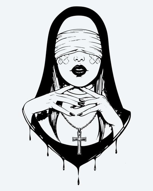 Blindfolded Nun semi-permanent tattoo design by INKON – mysterious, blindfolded, woman, veil, holding illustration, 4 x 7 in (10x17cm), available at inkon.co