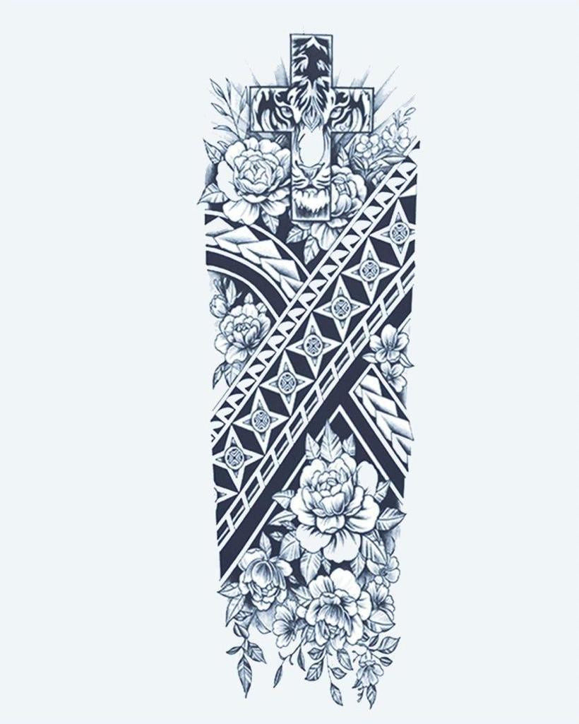 Tribal Cross & Roses semi-permanent tattoo design by INKON – full, sleeve, combining, cross, polynesian illustration, 8 x 20 in (20x50cm), available at inkon.co