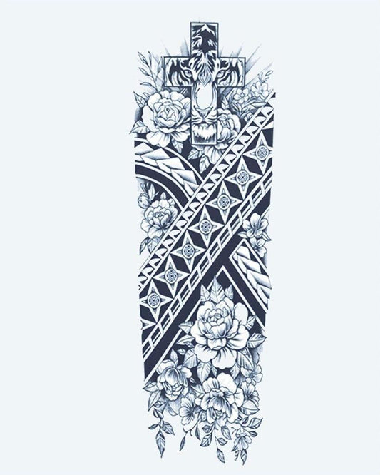 Tribal Cross & Roses semi-permanent tattoo design by INKON – full, sleeve, combining, cross, polynesian illustration, 8 x 20 in (20x50cm), available at inkon.co