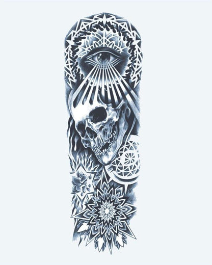 Skull, All-Seeing Eye & Mandala semi-permanent tattoo design by INKON – mystical, full, sleeve, skull, seeing illustration, 8 x 20 in (20x50cm), available at inkon.co