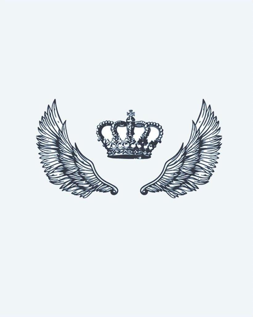 Winged Crown semi-permanent tattoo design by INKON – royal, crown, flanked, pair, spread illustration, 3 x 4 in (6x11cm), available at inkon.co