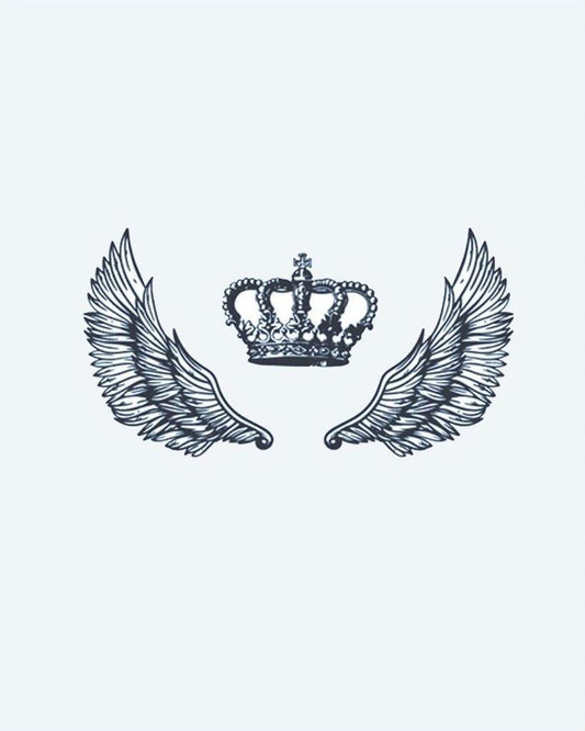Winged Crown semi-permanent tattoo design by INKON – royal, crown, flanked, pair, spread illustration, 3 x 4 in (6x11cm), available at inkon.co