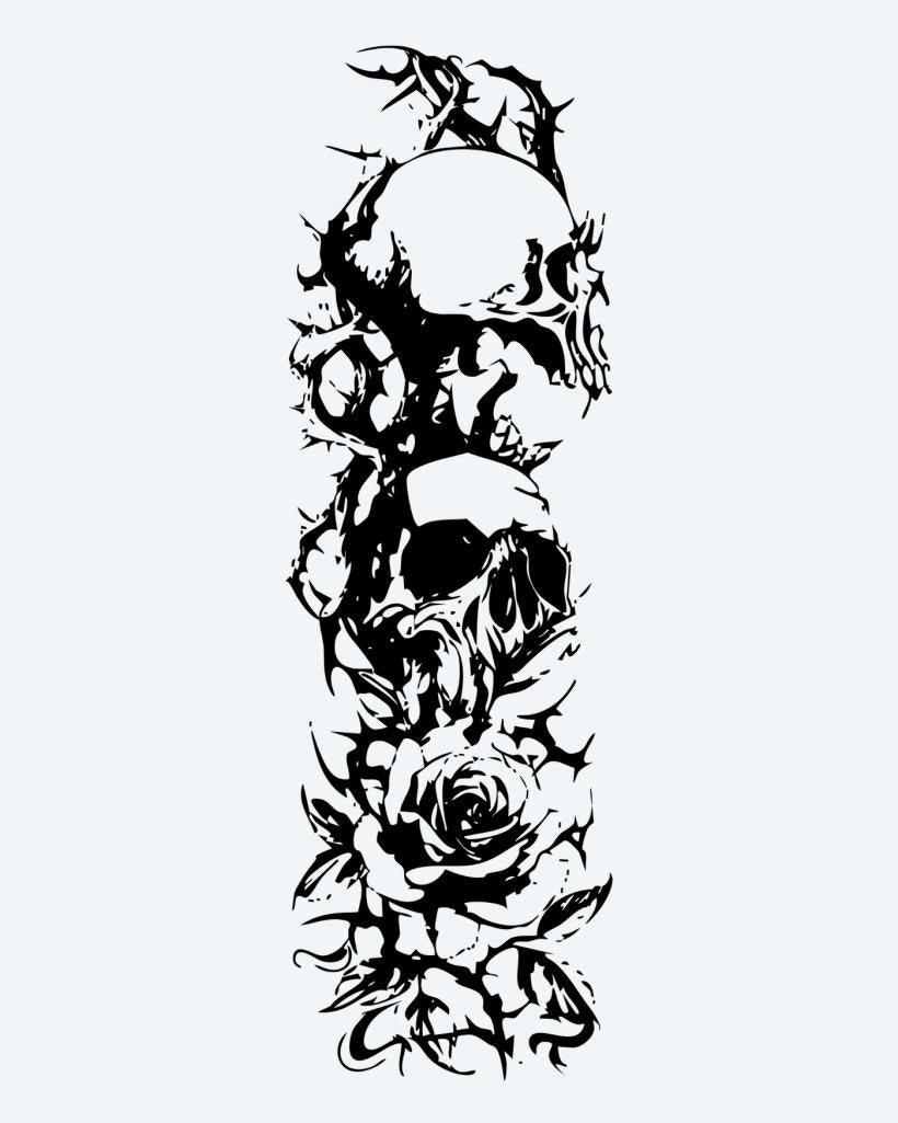 Skulls & Roses Sleeve semi-permanent tattoo design by INKON – full, sleeve, skulls, intertwined, roses illustration, 8 x 20 in (20x50cm), available at inkon.co