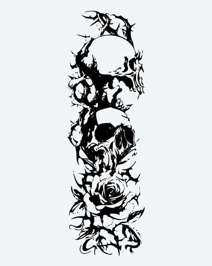 Skulls & Roses Sleeve semi-permanent tattoo design by INKON – full, sleeve, skulls, intertwined, roses illustration, 8 x 20 in (20x50cm), available at inkon.co