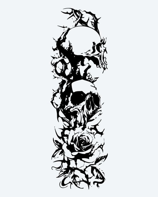 Skulls & Roses Sleeve semi-permanent tattoo design by INKON – full, sleeve, skulls, intertwined, roses illustration, 8 x 20 in (20x50cm), available at inkon.co