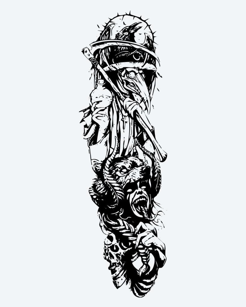 Plague Doctor & Bear semi-permanent tattoo design by INKON – dark, plague, doctor, figure, bear illustration, 8 x 20 in (20x50cm), available at inkon.co