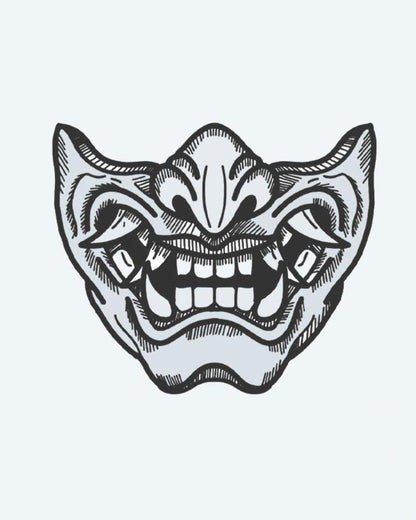 Oni Mask semi-permanent tattoo design by INKON – japanese, demon, half, mask, sharp illustration, 4 x 4 in (9x9cm), available at inkon.co