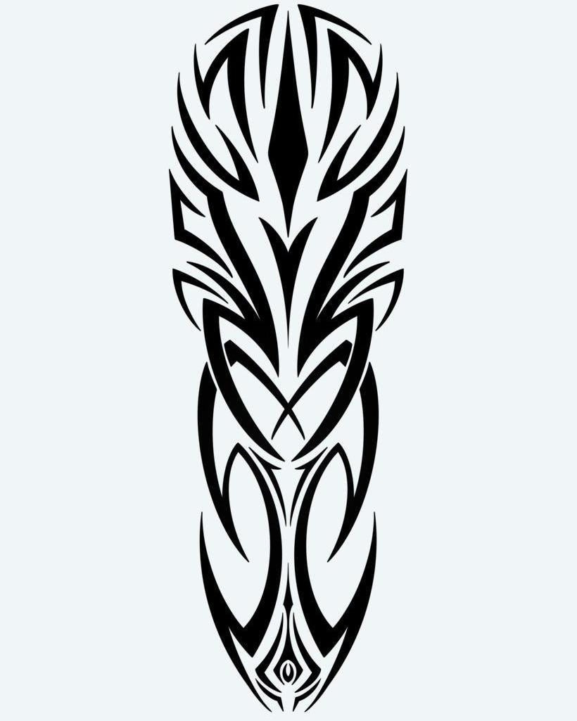 Bold Tribal Crest semi-permanent tattoo design by INKON – symmetrical, tribal, sharp, intersecting, lines illustration, 8 x 20 in (20x50cm), available at inkon.co