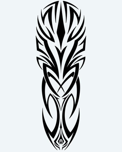 Bold Tribal Crest semi-permanent tattoo design by INKON – symmetrical, tribal, sharp, intersecting, lines illustration, 8 x 20 in (20x50cm), available at inkon.co