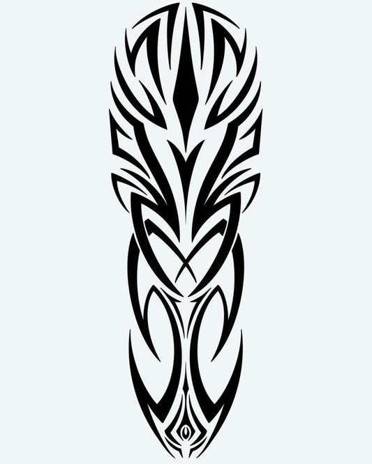Bold Tribal Crest semi-permanent tattoo design by INKON – symmetrical, tribal, sharp, intersecting, lines illustration, 8 x 20 in (20x50cm), available at inkon.co