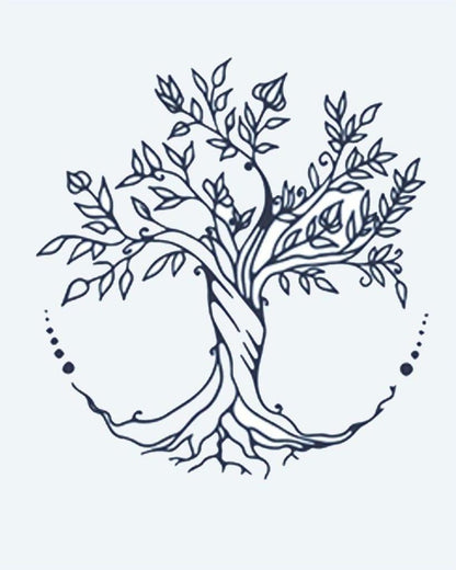 Tree of Life semi-permanent tattoo design by INKON – tree, life, intertwined, roots, leafy illustration, 2 x 2 in (5x5cm), available at inkon.co