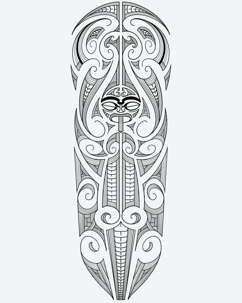 Maori Tiki Full Sleeve semi-permanent tattoo design by INKON – polynesian, tiki, face, center, surrounded illustration, 8 x 20 in (20x50cm), available at inkon.co