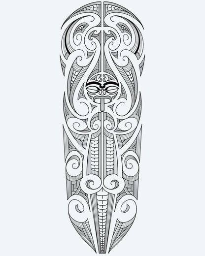 Maori Tiki Full Sleeve semi-permanent tattoo design by INKON – polynesian, tiki, face, center, surrounded illustration, 8 x 20 in (20x50cm), available at inkon.co