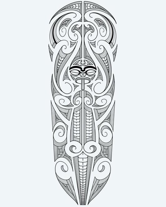 Maori Tiki Full Sleeve semi-permanent tattoo design by INKON – polynesian, tiki, face, center, surrounded illustration, 8 x 20 in (20x50cm), available at inkon.co