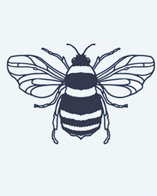 Honeybee semi-permanent tattoo design by INKON – honeybee, delicate, translucent, wings, striped illustration, 2 x 2 in (5x5cm), available at inkon.co