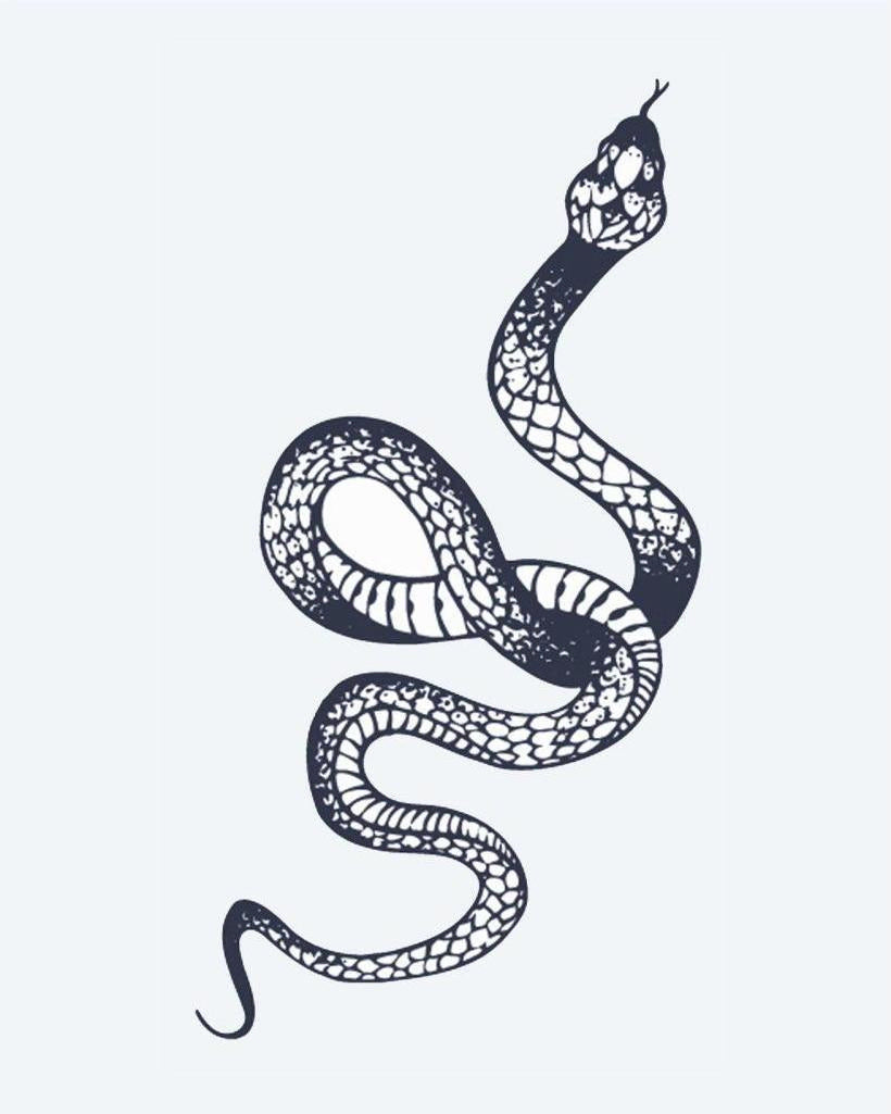 Serpent semi-permanent tattoo design by INKON – slithering, snake, scale, patterns illustration, 2 x 5 in (5x10cm), available at inkon.co
