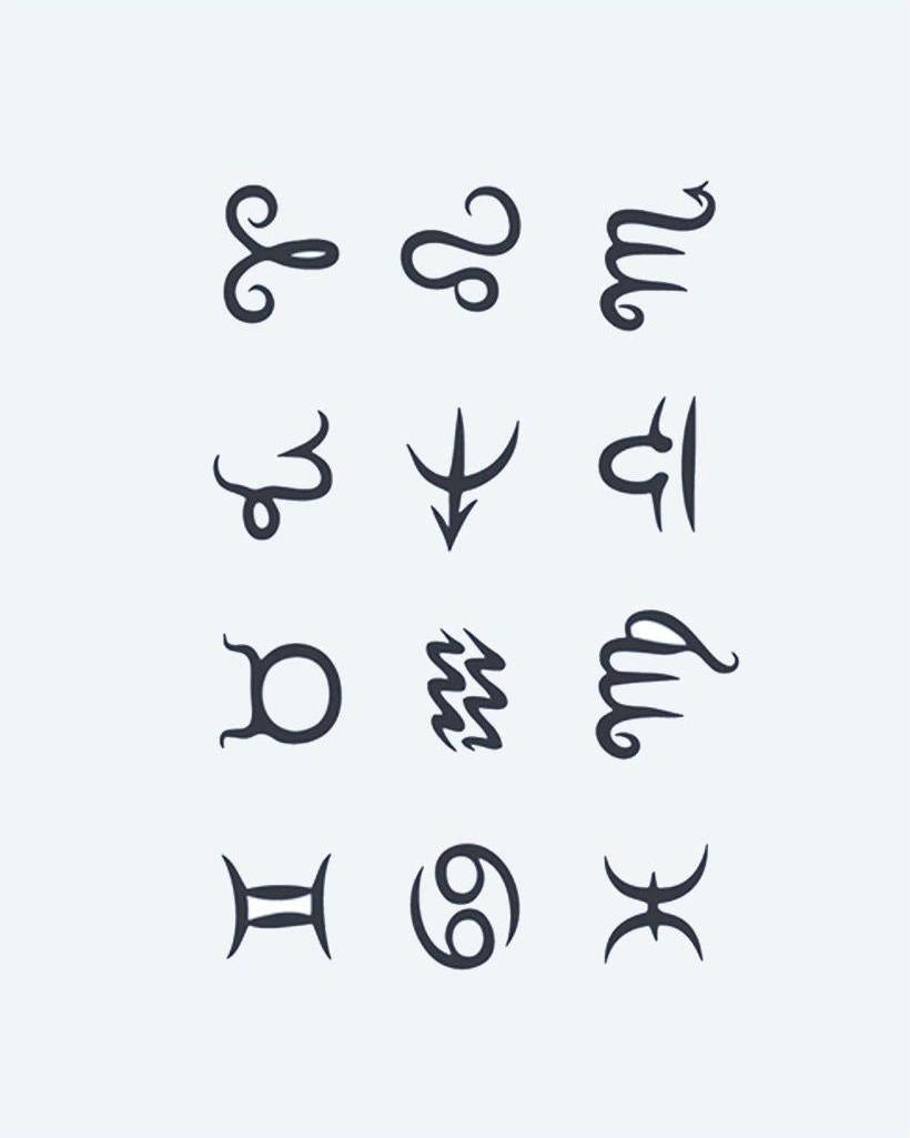 Zodiac Signs Collection semi-permanent tattoo design by INKON – zodiac, symbol, tattoos, minimalist, calligraphic illustration, 4 x 7 in (10x17cm), available at inkon.co