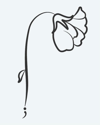 Semicolon Flower semi-permanent tattoo design by INKON – drooping, flower, semicolon, stem, base illustration, 2 x 2 in (5x5cm), available at inkon.co